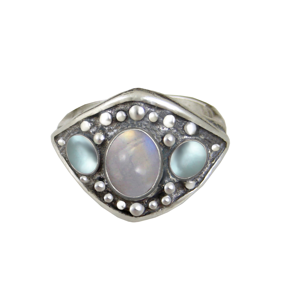 Sterling Silver Medieval Lady's Ring With Rainbow Moonstone And Blue Topaz Size 7